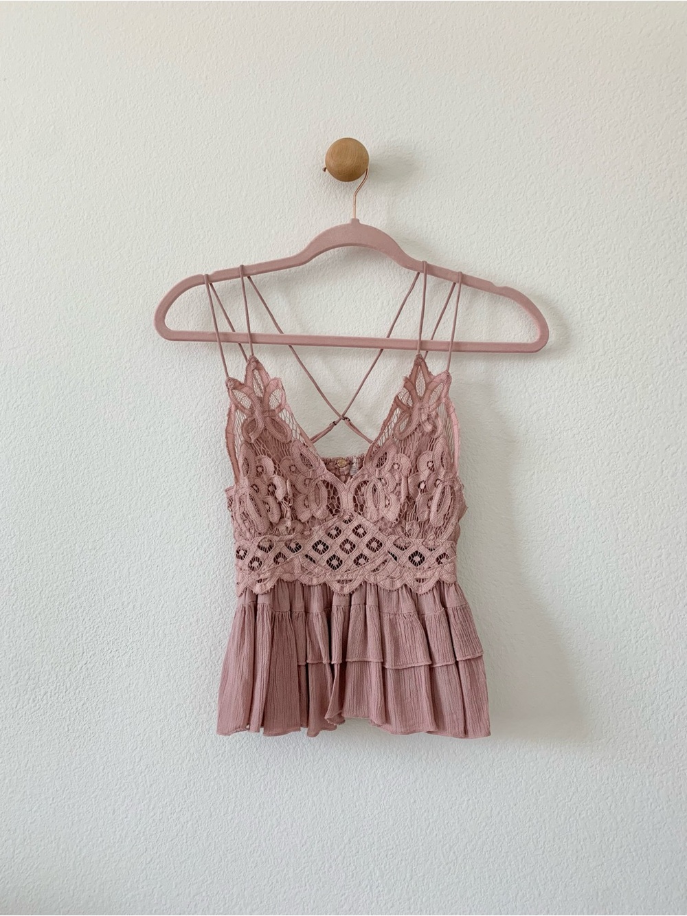 Free People Pink Lace Smock Strappy Blouse Top XS